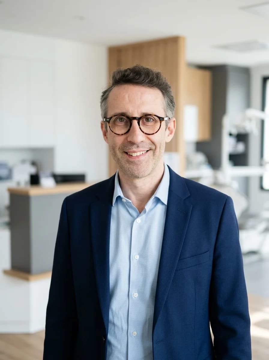 Portrait IA dentiste style corporate moderne — blazer marine et chemise bleue, fond cabinet dentaire flouté avec fauteuil visible
