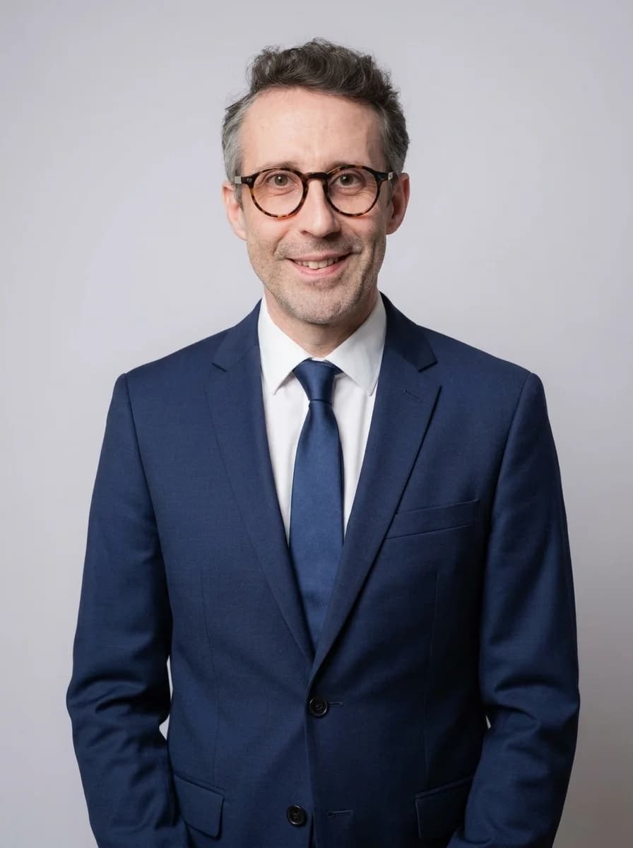 Portrait IA dentiste style corporate classique - costume bleu marine, cravate bleue, chemise blanche, fond studio neutre, cadrage poitrine pour Doctolib