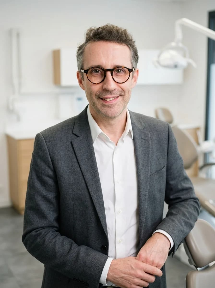 Portrait IA dentiste style corporate moderne - blazer gris et chemise blanche, fauteuil dentaire et scialytique en arrière-plan flou