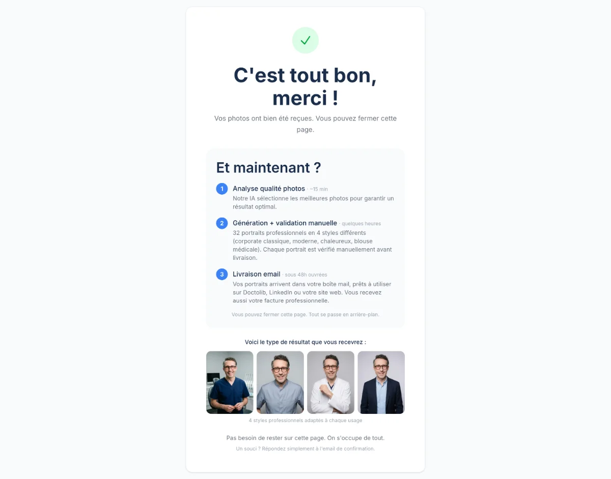 Aperçu de la page de confirmation après upload sur portraits-dentistes.fr : étapes d'analyse qualité, génération avec validation manuelle et livraison email sous 48h, avec aperçu des 4 styles livrés