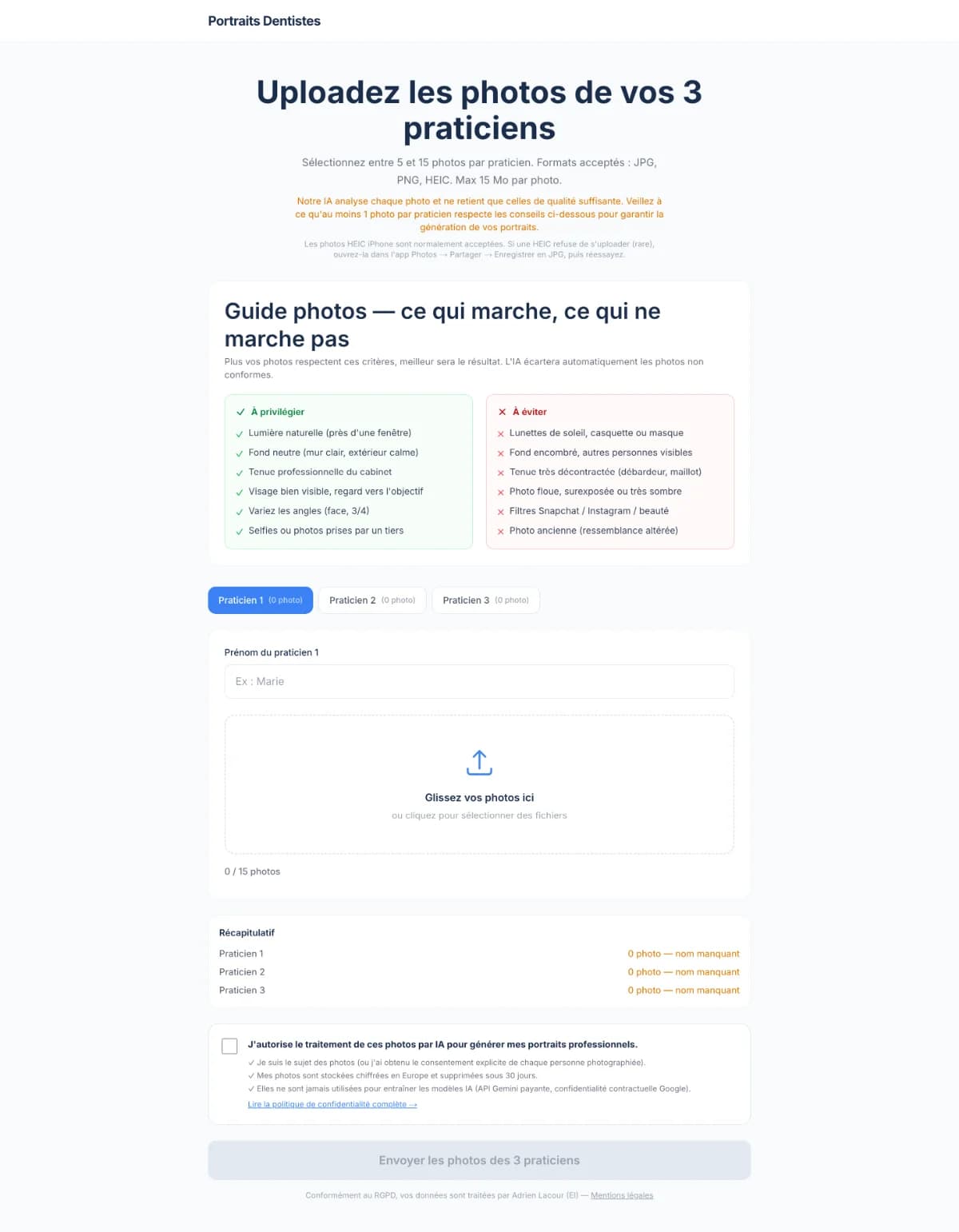 Interface upload photos équipe cabinet dentaire - un onglet par praticien, guide qualité intégré, consentement RGPD